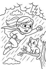 Superhero girl rescuing cat from tree in storm, dramatic cartoon scene