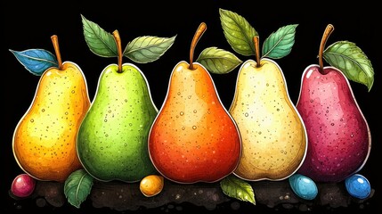 Five beautifully colored pears arranged with leaves and stems