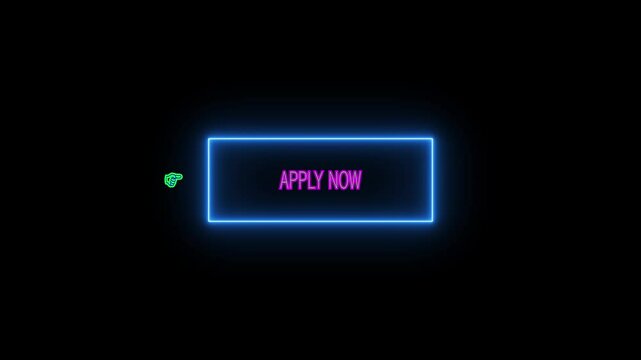 Apply now text animation on black background, apply now animated with arrow sign. sky blue and pink apply now text.
