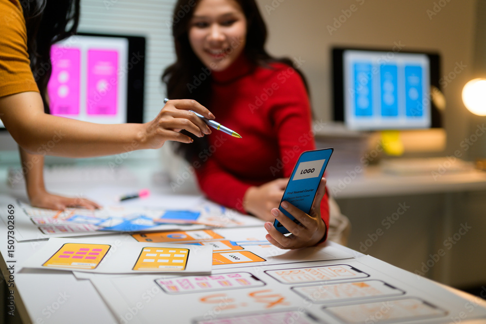 Poster web designers working together analyzing mobile app templates using pen and smartphone