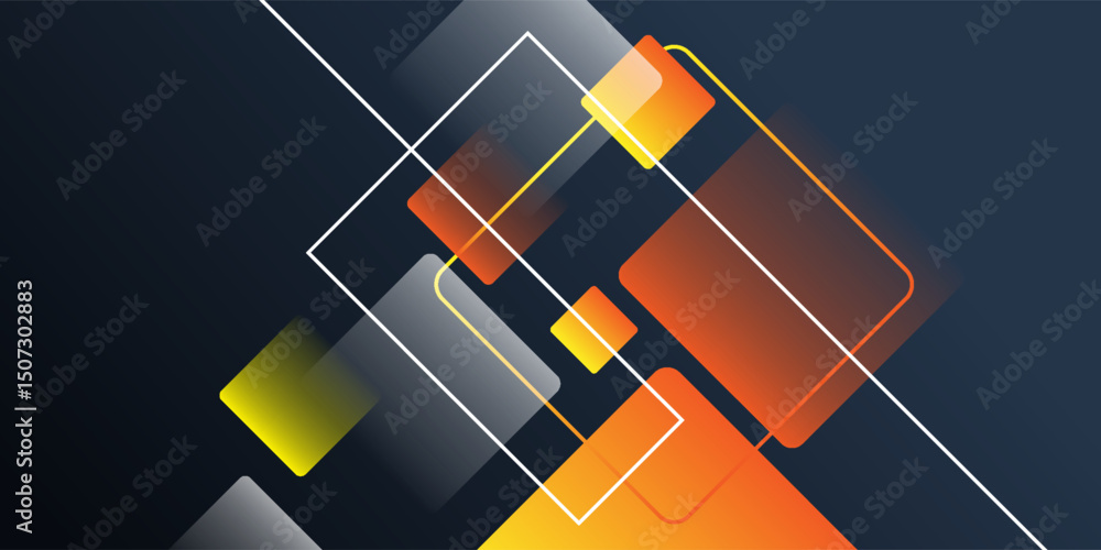 Poster abstract colorful orange square overlap pattern on dark color background. simple design for backgrou