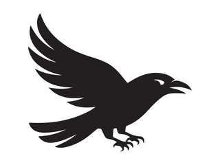 Powerful silhouette of a raven in flight against a white background.