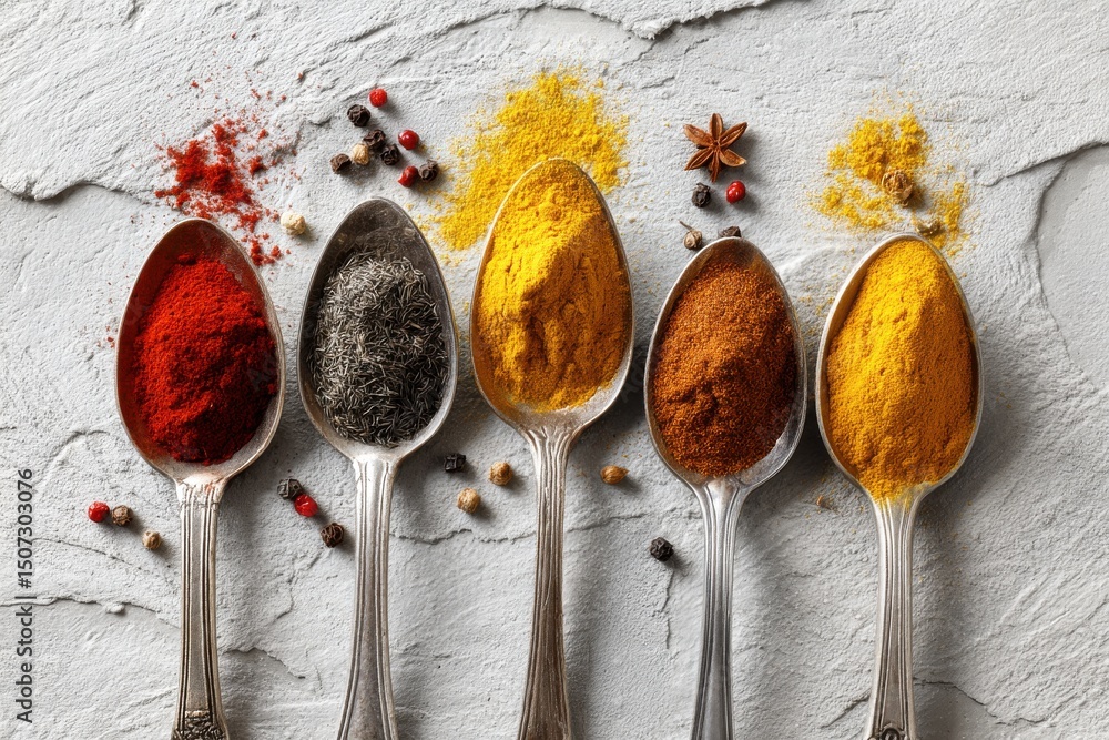 Poster overhead shot of assorted vibrant spices in silver spoons on a textured surface, featuring various c