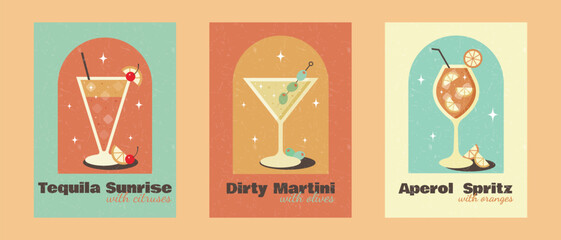 Set of postes with cocktails on orange background with grunge texture. Tequila Sunrise, Dirty Martini, Aperol. Banner for restaurant, cafe, bar, club. Poster in retro style. Flat vector illustration.
