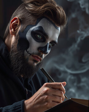 A man with a painted face holding a pen and writing in an open book