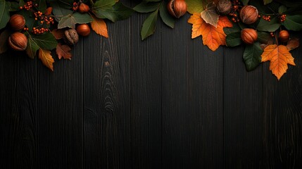 An autumnal arrangement of foliage and nuts on dark wooden boards