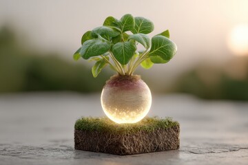 Radiant Turnip Seedling Emerging from Earth, Bathed in Golden Light, symbolizing sustainable agriculture and environmental stewardship with promise of growth.