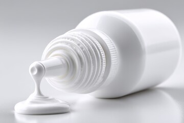 A close up of a white tube of cream or ointment on a white background, with cream oozing from the nozzle, creating a smooth and glossy texture, soft lighting.