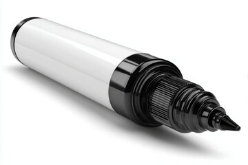 A close-up studio shot of a sleek black and white glue applicator, highlighting its precision tip and modern design on a seamless white background, perfect for craft projects.