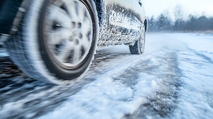 Car wheel motion blurs as it travels through the snowy terrain during wintertime