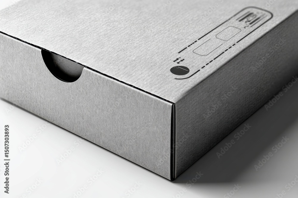 Poster close-up of a stylish gray box with a minimalist design, perfect for product packaging, with graphic
