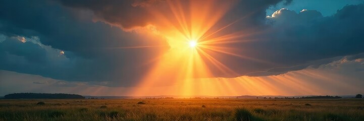 A sunbeam bursts through dark clouds, illuminating a vibrant landscape below; a powerful metaphor for innovative problem-solving and finding light in challenging situations , power, metaphor, bright