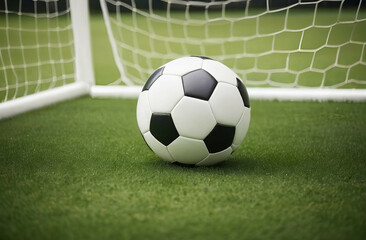 A soccer ball is lying on the green grass in front of the soccer goal