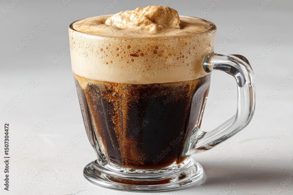 Poster a classic root beer float in a glass mug with a scoop of vanilla ice cream, creating a frothy and re