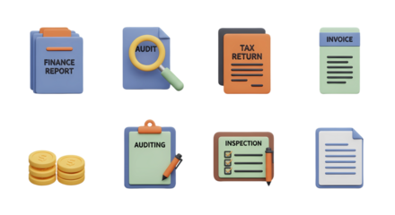 3D Accounting and Compliance UI Icon Collection. Modern Graphics for Financial Reporting, Tax Preparation, Auditing Process, and Invoice Management.