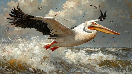 A large white pelican is soaring above ocean waters