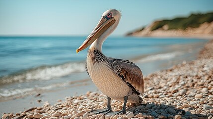 A majestic pelican standing peacefully on a sunny coastal shoreline