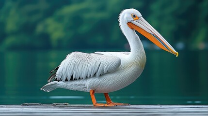 A white pelican with a long beak is standing on a pier
