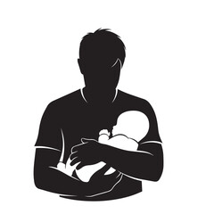 Flat black vector silhouette of a father holding a baby in arms, front-facing, on white background
