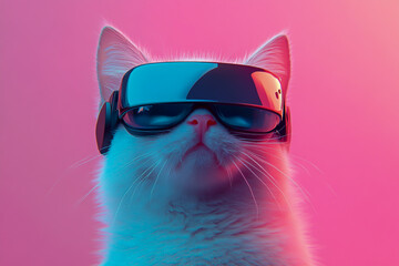 A white cat wearing futuristic VR glasses immersed in a virtual reality experience against a soft pastel background.