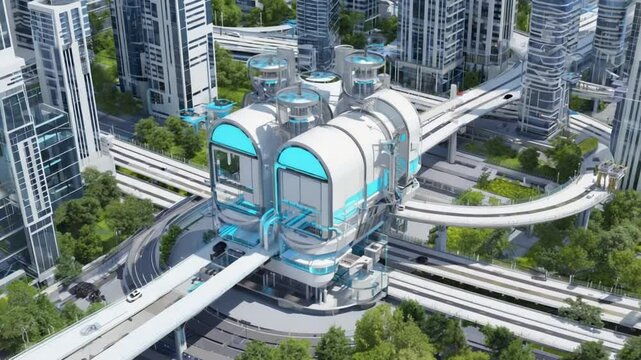 Compact small modular reactor powering smart city infrastructure, electric highways, drone taxis, vertical farms, urban skyline, clean energy visuals, bright sunny day, isometric 3D rendering