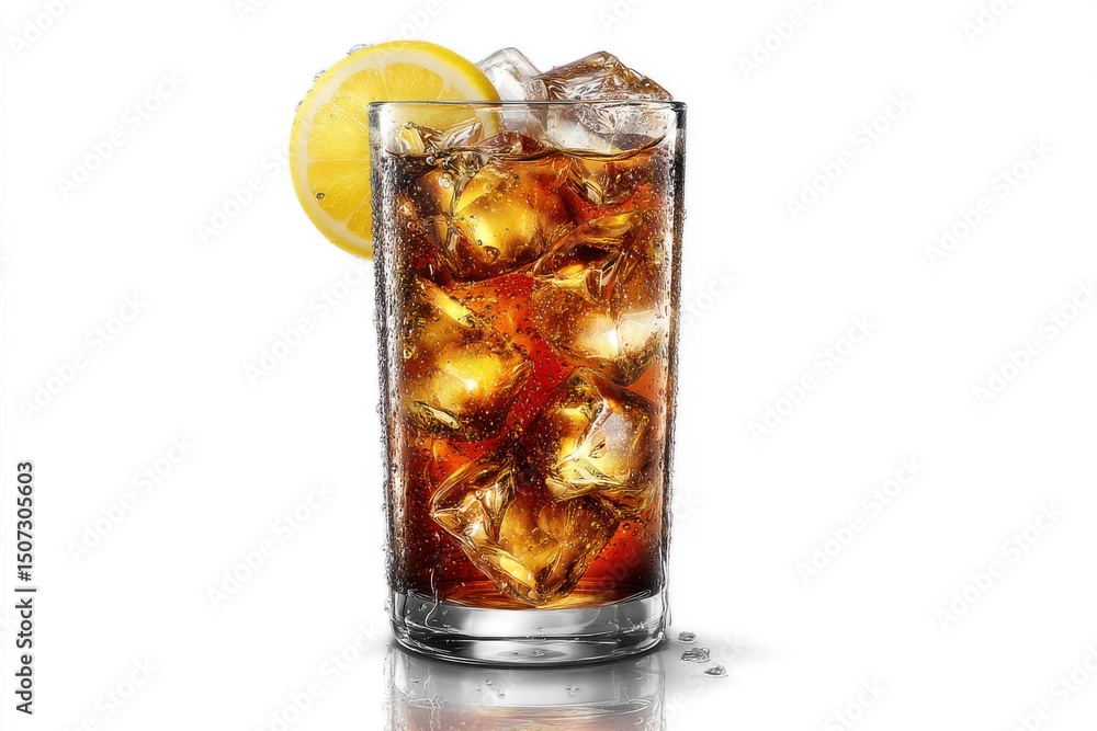 Poster refreshing cola beverage with ice cubes and a lemon slice, creating a visually appealing and thirst-