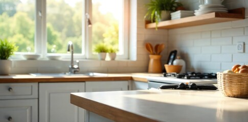 A sparkling clean kitchen, countertops wiped, dishes gleaming, sink spotless, implying a sense of domestic tranquility and accomplishment , countertops, white, sparkling