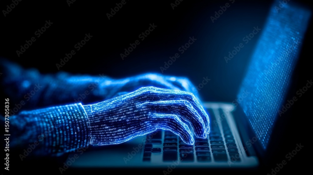 Aufkleber digital hand typing on a futuristic glowing keyboard with a high-tech blue display