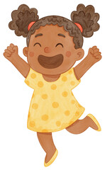 Happy cartoon girl jumping in yellow dress