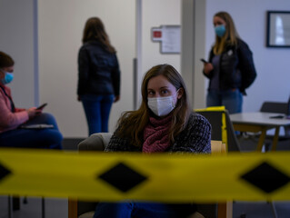 A woman wearing a protective mask sits alone on a modern sofa in a bright office waiting room, practicing social distancing.