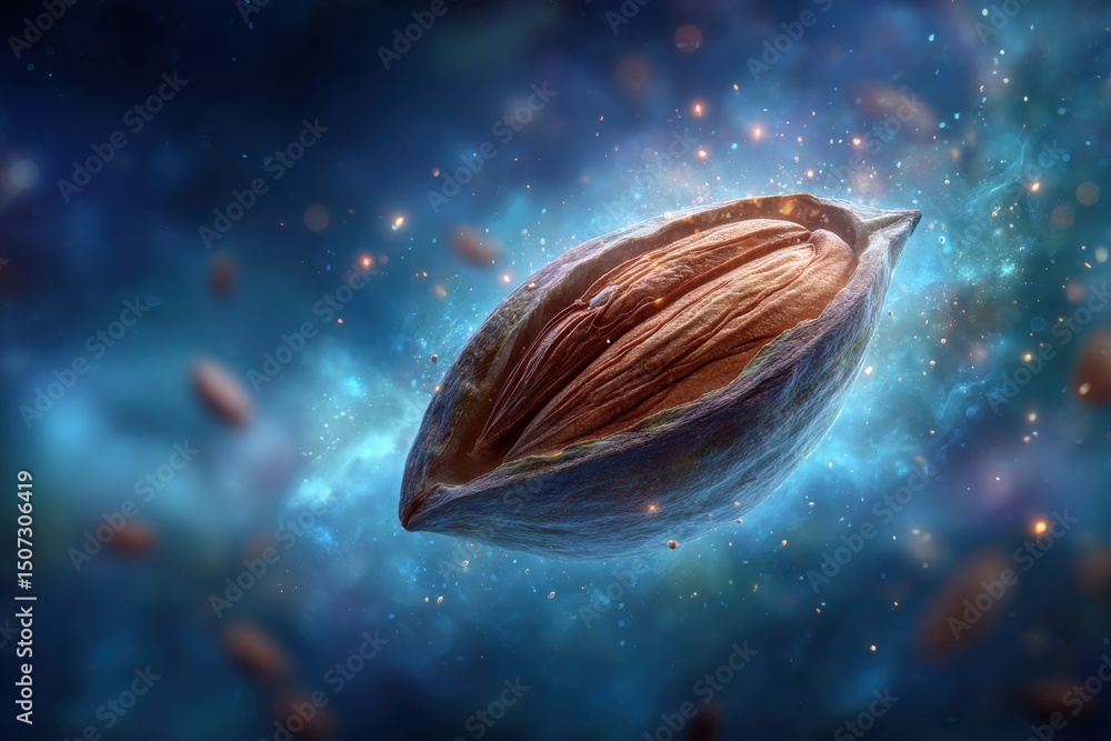 Poster mystical floating almond in a cosmic galaxy, illuminated by sparkling stars, creating a surreal and 