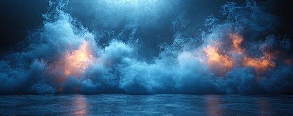 Empty blue smoky scene with dramatic lighting on textured floor and foggy atmospheric background for stage or product display Generative AI