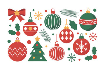 Christmas-Themed Decorative Elements Featuring Ornaments, Tree, and Festive Foliage  