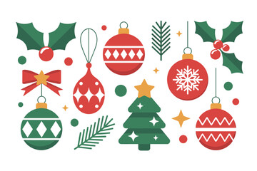 Christmas-Themed Decorative Elements Featuring Ornaments, Tree, and Festive Foliage  