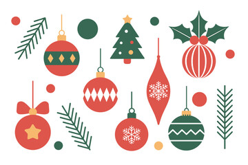 Christmas-Themed Decorative Elements Featuring Ornaments, Tree, and Festive Foliage  