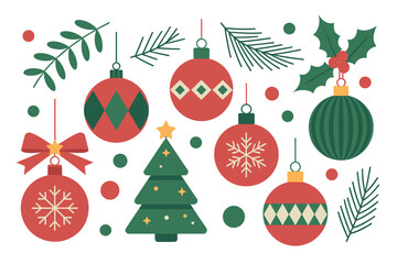 Christmas-Themed Decorative Elements Featuring Ornaments, Tree, and Festive Foliage  