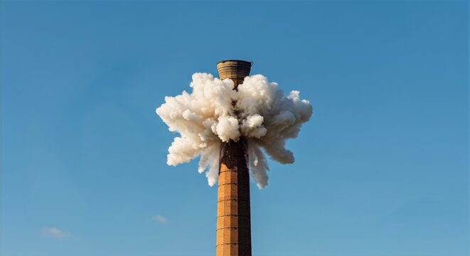 Explosive demolitions unfold in symmetrical chaos as a brick chimneys thick white smoke billows upwards amidst a clear blue sky