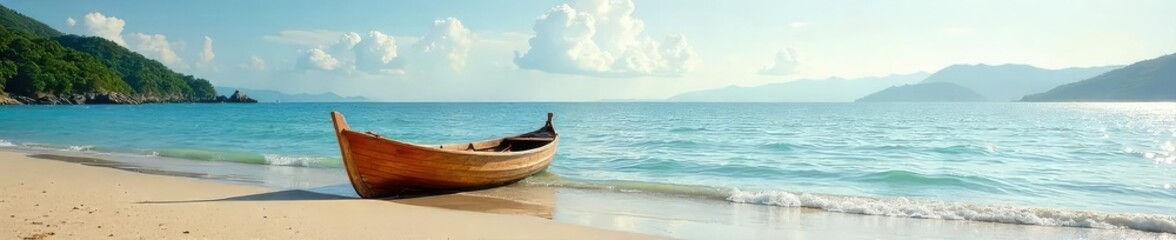 Naklejka premium A small wooden boat gently rests on a tranquil, sandy shore at low tide, surrounded by calm water and serene nature The scene evokes peace and quiet, ideal for relaxation themes , texture, solitude