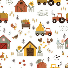 Seamless vector pattern in flat cartoon style. Playful farm scene with barn, shed, tractor, truck, pumpkins, flowers, ducks, and chickens on white background. Perfect for kids&rsquo; design and decor.
