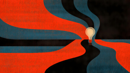 A lightbulb shining brilliantly at the intersection of twisting, abstract pathways, embodying the emergence of a groundbreaking idea. Thought Momentum. Illustration