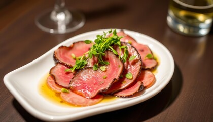 Elegant venison carpaccio with truffle oil and microgreens, paired with wine on a ceramic dish