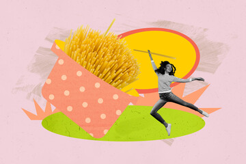Composite banner full creative art collage of excited girl hold macaroni pasta pot boil prepare...