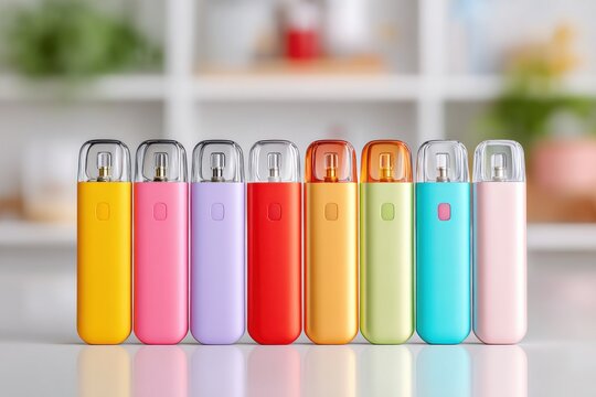 A vibrant collection of colorful electronic cigarettes arranged in a neat row, showcasing various shades and designs on a bright, reflective surface with soft focus.