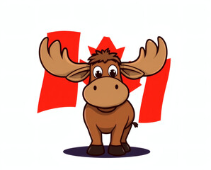 Fototapeta premium Cute cartoon moose with big eyes stands proudly in front of a vibrant Canadian flag representing national pride and wildlife