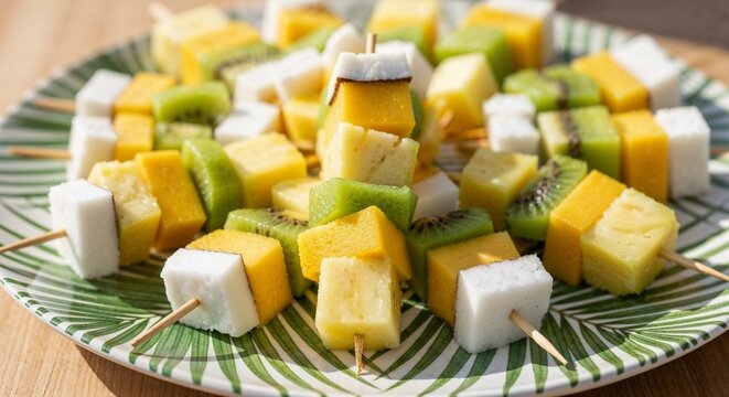 Colorful mini fruit skewers arranged on a decorative plate  
