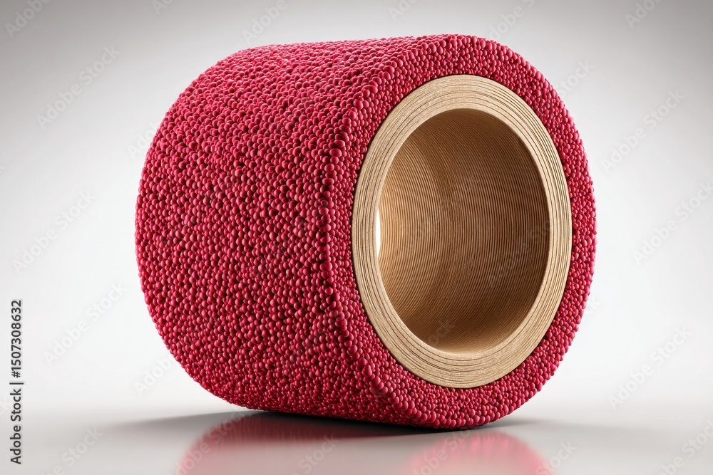 Poster a close-up studio shot of a textured red cylinder surrounding a wooden tube, demonstrating a unique 