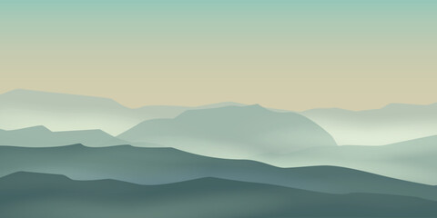 the silhouette of mountain ranges against a light sky, during dawn or sunset. Dark silhouettes of hills are visible in the foreground, and then layers of mountains stretch out, disappearing into a lig
