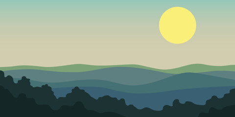The image depicts a stylized landscape with a setting or rising sun over undulating hills with a dark silhouette of a forest in the foreground