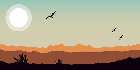 minimalist landscape with silhouettes of grass and hills in orange shades, white sun in the sky and several flying birds.