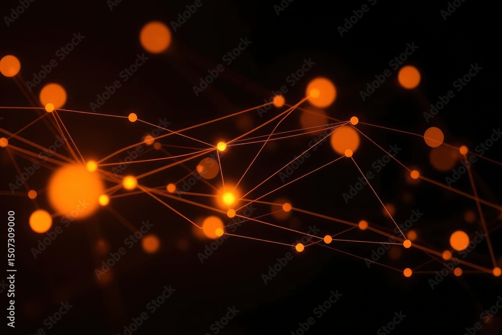 Poster a network of glowing orange points connected by lines floats against a dark backdrop